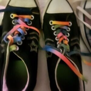 Kids Black Canvas Sneakers with Rainbow Laces - Star Accent